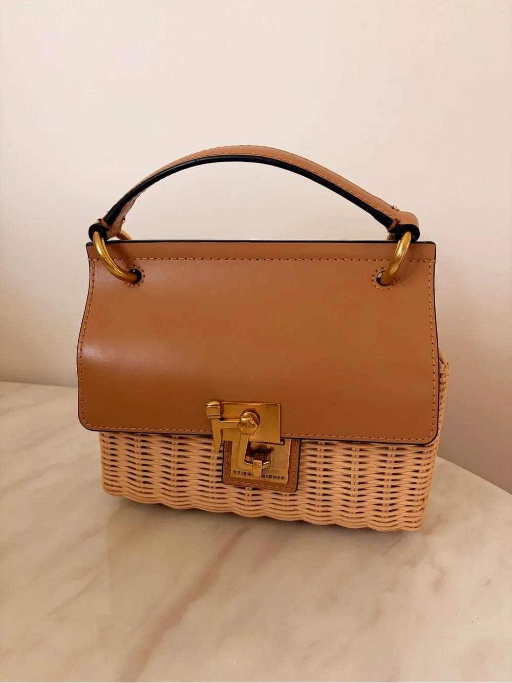 Etienne Aigner Wicker Handbag with Tan Leather Flap and Gold Hardware